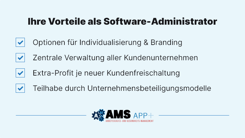 Grafik: Ihre Vorteile als Software-Administrator: Optionen für Individualisierung & Branding, Zentrale Verwaltung aller Kundenunternehmen, Extra-Profit je neuer Kundenfreischaltung, Teilhabe durch Unternehmensbeteiligungsmodelle