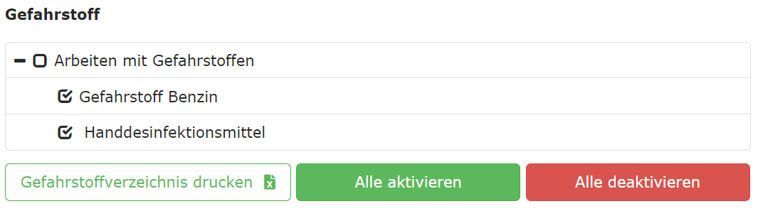 Druckbares Gefahrstoffverzeichnis für zwei ausgewählte Gefahrstoffe.