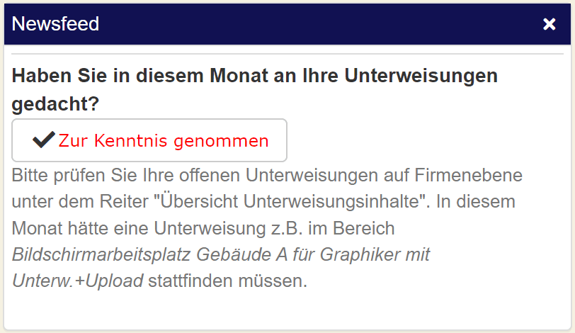 Abbildung eines Newsfeed, der an eine monatliche Unterweisung erinnert.